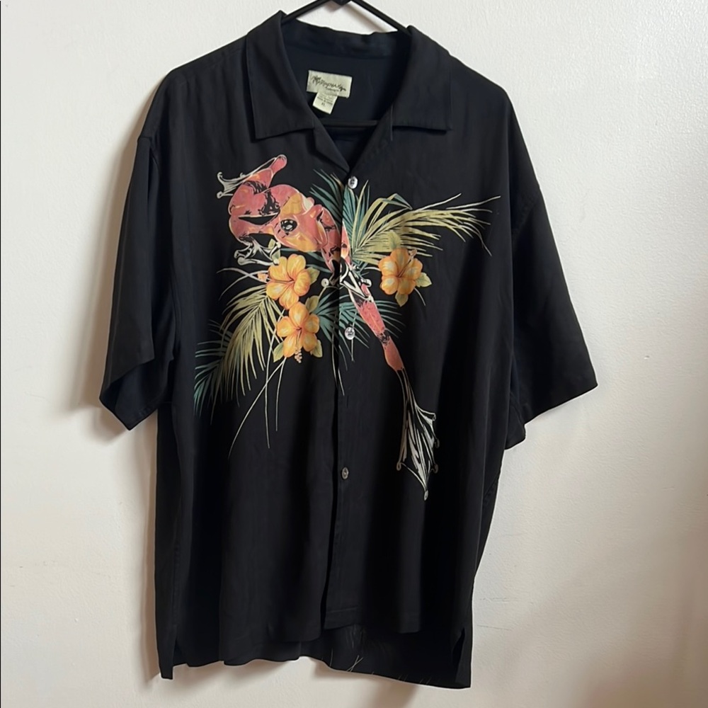 Frogman silk Black Casual Button Down Shirt with Tropical Design